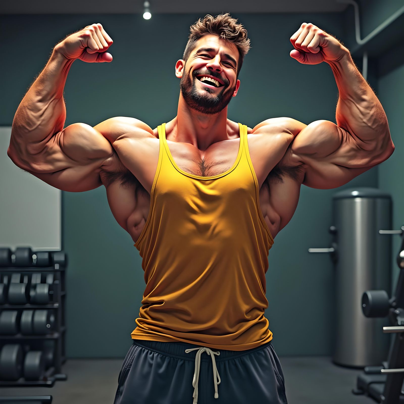 Muscular Man Flexing Biceps at the Gym
