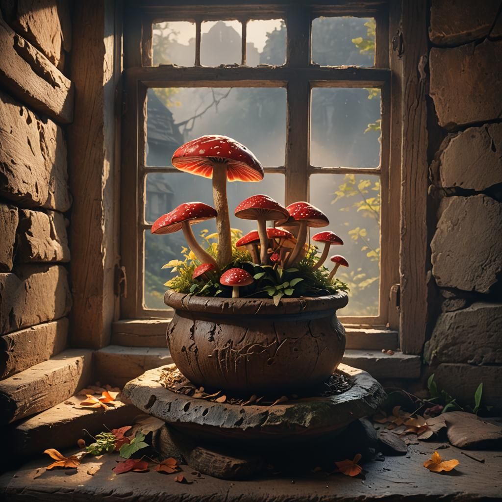 Ruby Bolete Mushroom in Rustic Pot, Cinematic