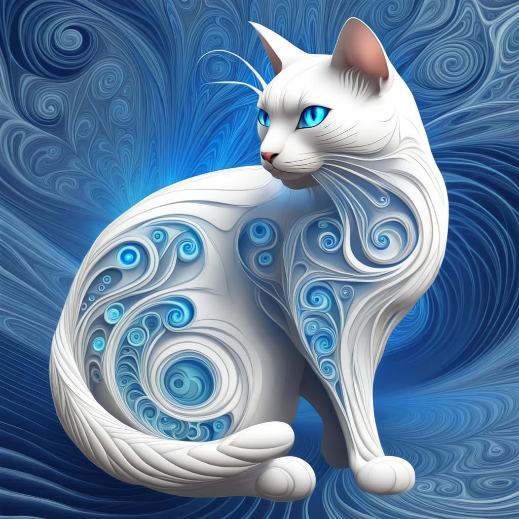 White Cat with Blue Glowing Swirls: Abstract Vector Art