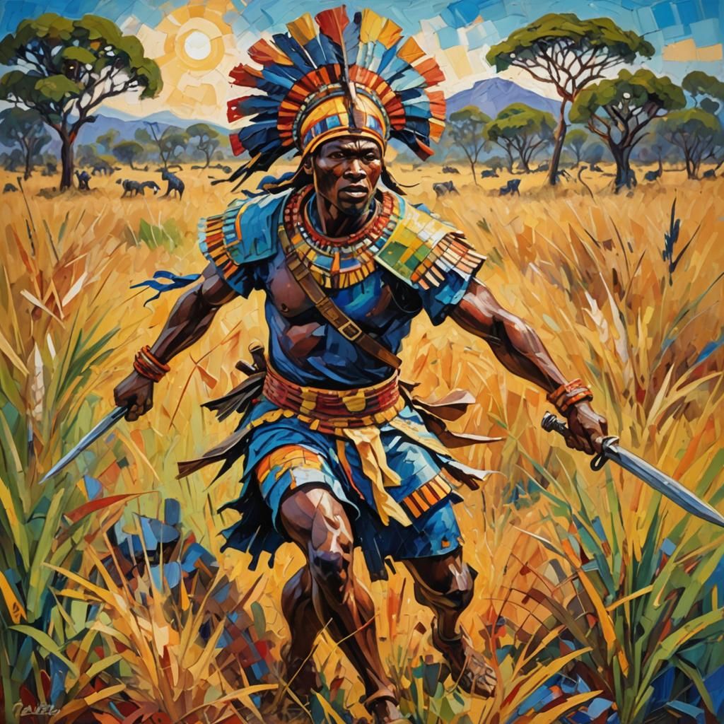 Zulu Warrior in Colorful African Savannah Oil Painting
