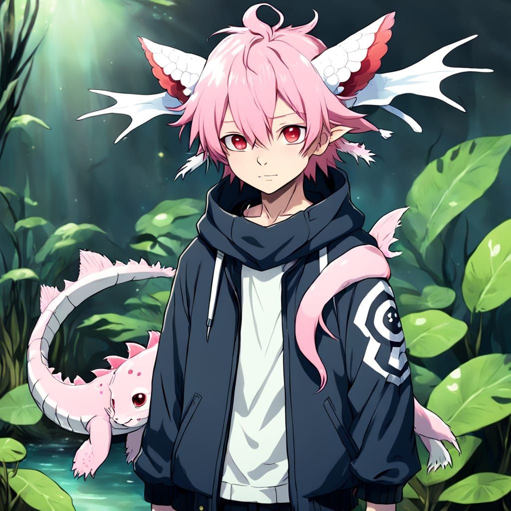 Mysterious Axolotl Boy in Anime Style