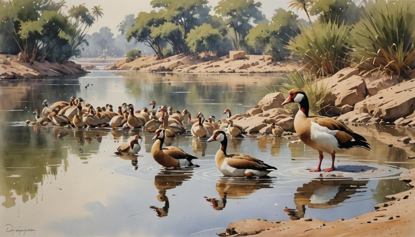 Egyptian Geese in a Watercolour Nile Scene