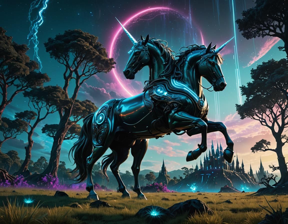 Green Unicorn on Alien Planet in Sci-Fi Style