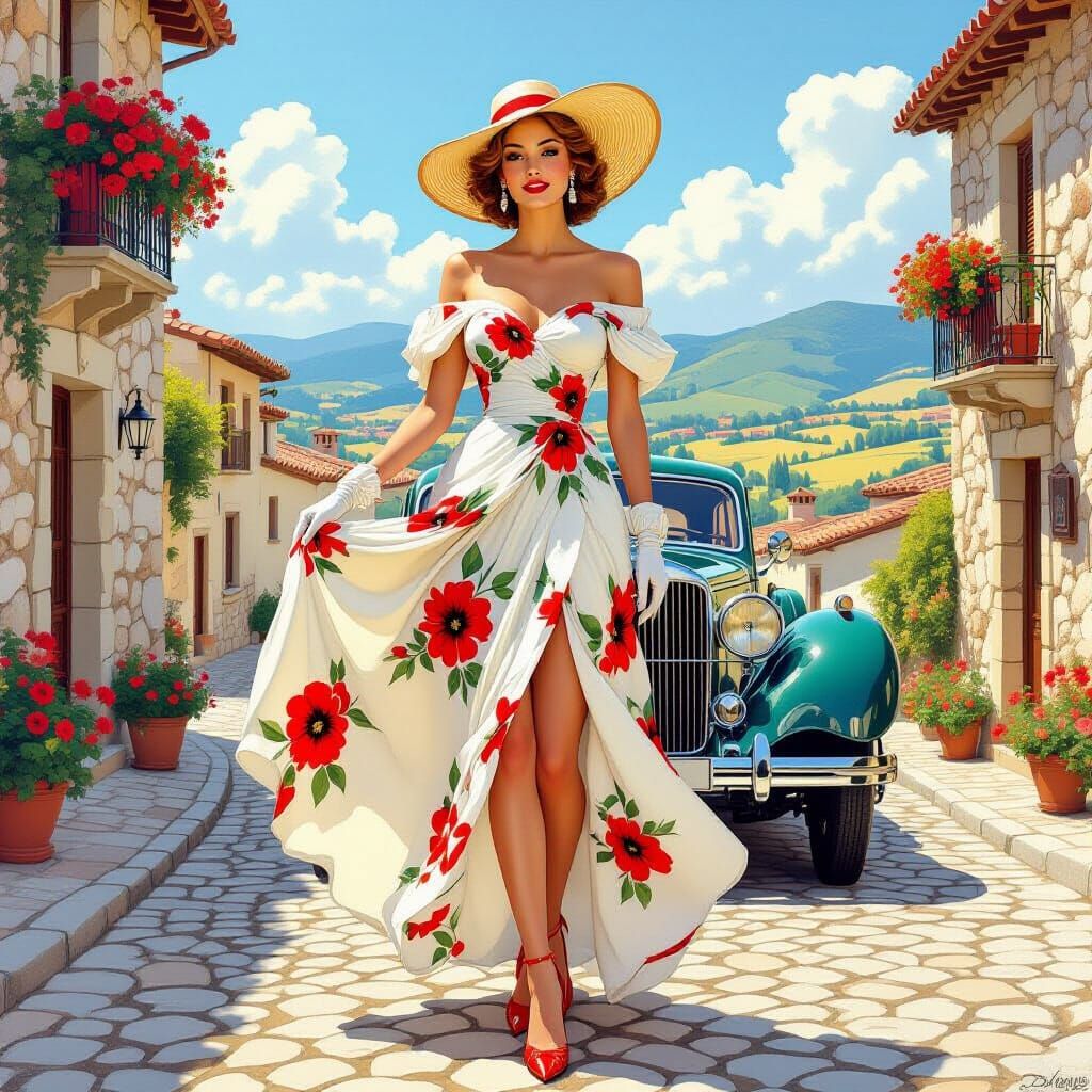 Elegant Woman in Floral Dress in Art Nouveau Style