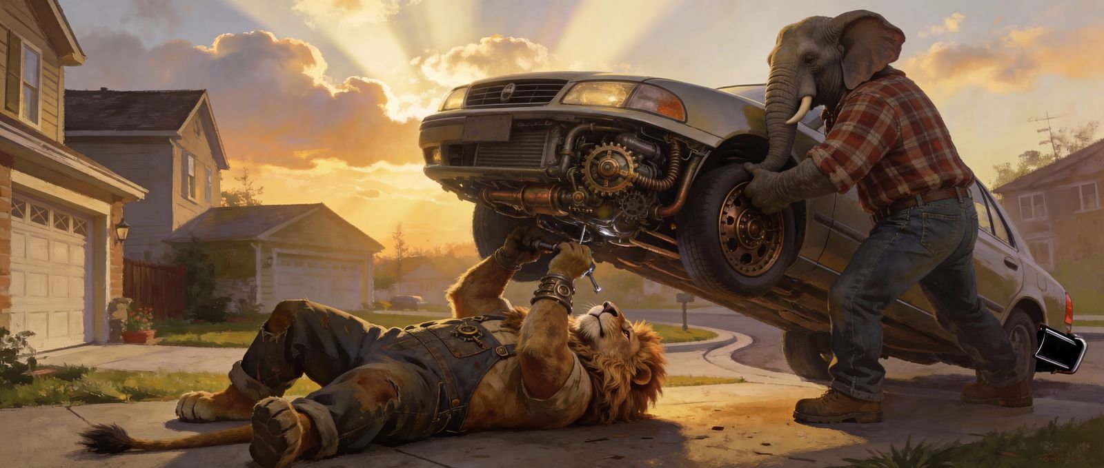 Anthropomorphic Animals Fix Car at Dusk