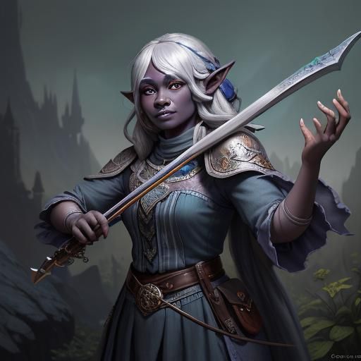 Jolly Drow Elf Bard with Fiddle, Fantasy Art