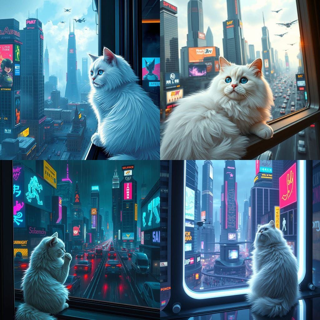 Futuristic Ragdoll Cat Observes Cyberpunk City