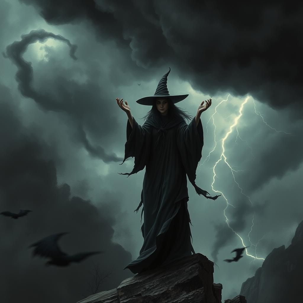 Witch Summons Storm on Rocky Cliff in Dark Fantasy Style
