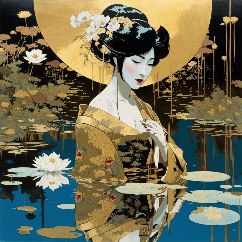 Ornate Japanese Princess and Mirrored Reflection