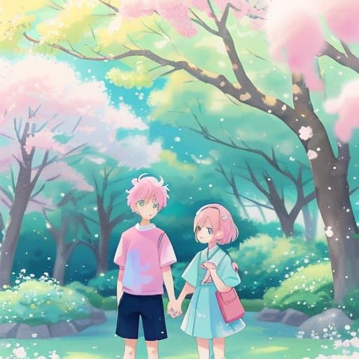 Whimsical Teen Couple in a Soft Pastel Wonderland