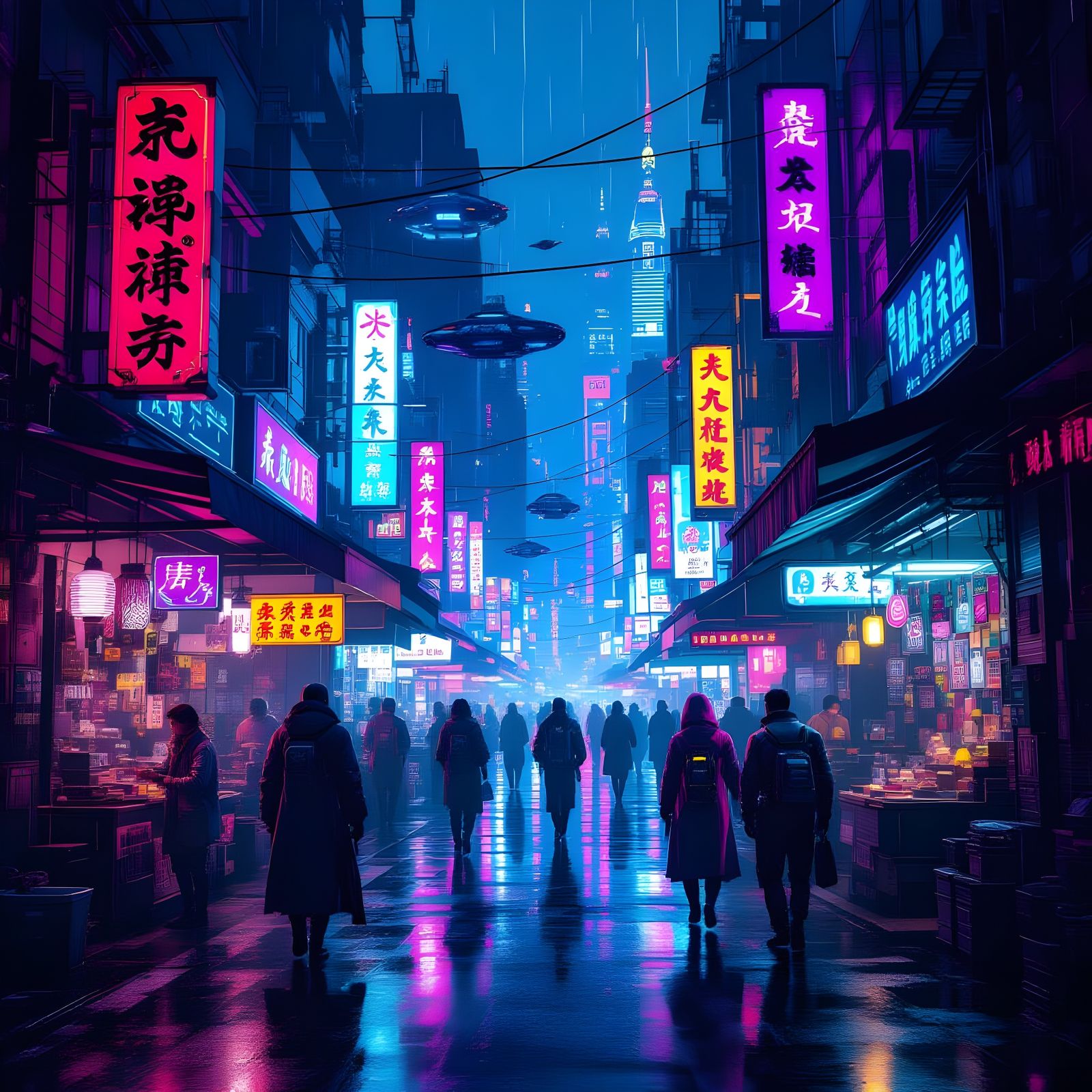 Cyberpunk Night Market in Futuristic City
