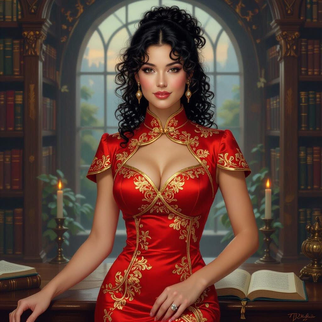 Woman in Red Cheongsam in Fantasy Library