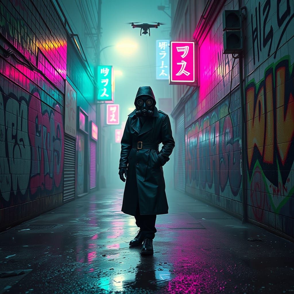 Cyberpunk Figure in Neon Alleyway