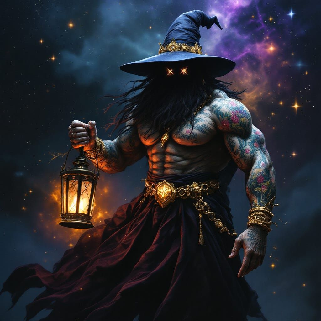 Muscular Fabric Wizard with Lantern in Cosmic Scene