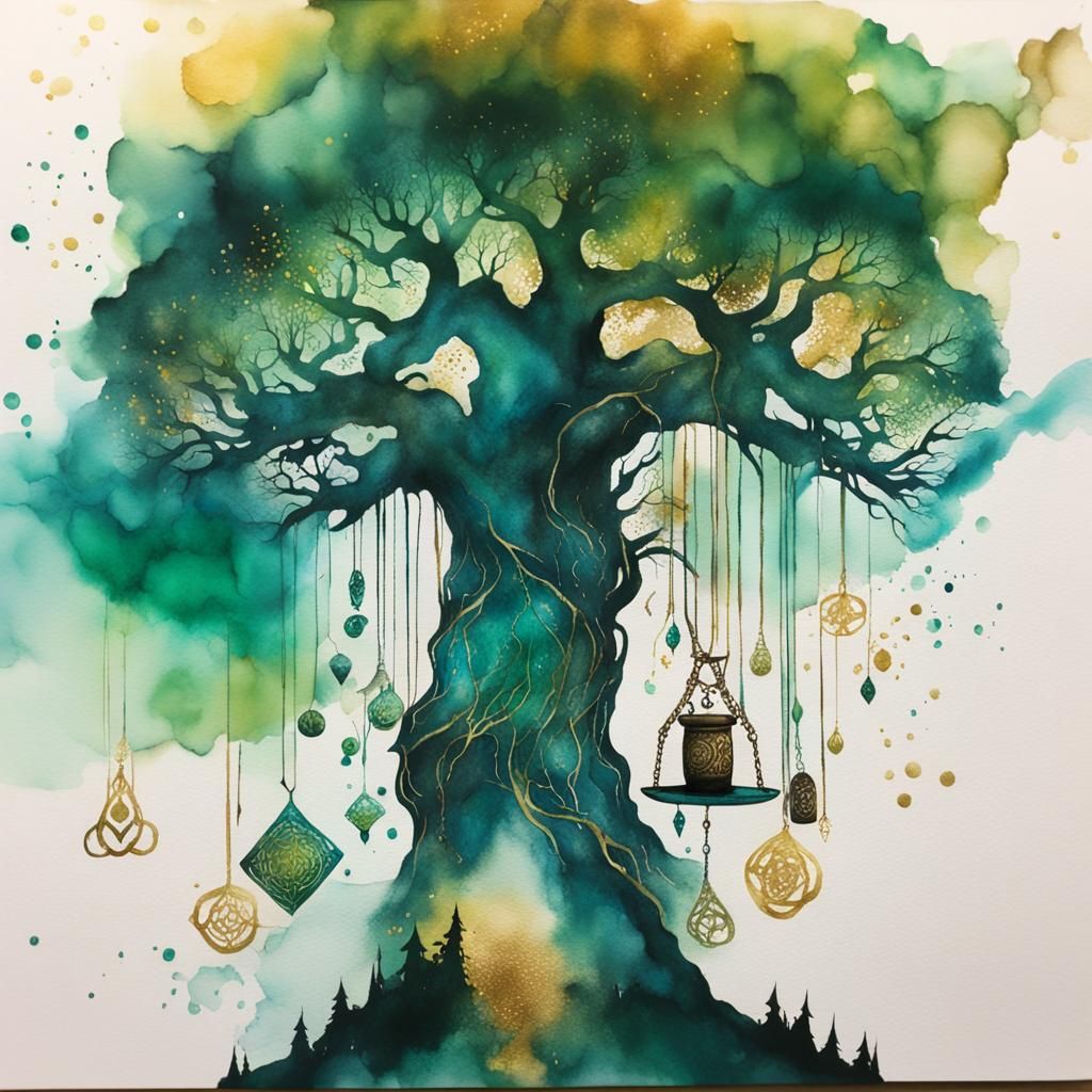 Odin Hanging from Yggdrasil in Watercolors