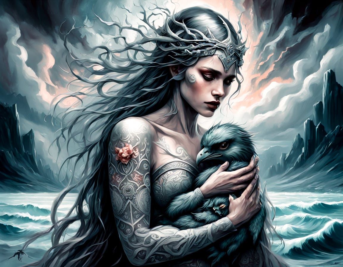 Viking Shieldmaiden with Wounded Bird on Stormy Beach