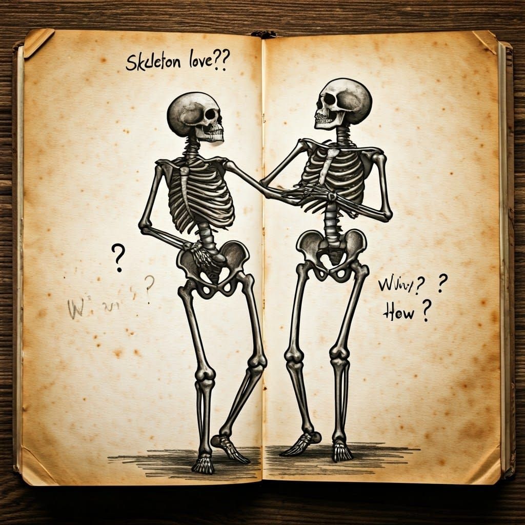 Cozy Skeletons Share a Romantic Dance in a Vintage Journal