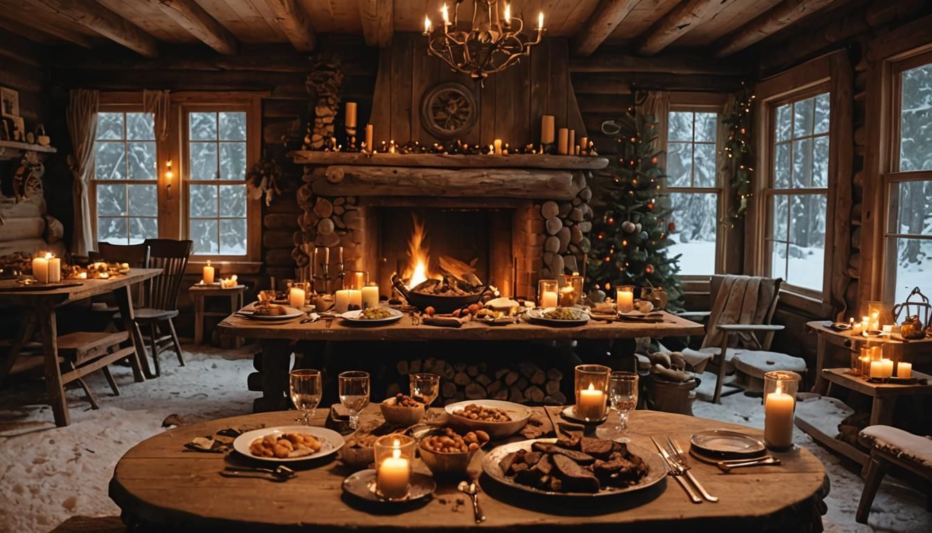 Cozy Cabin Feast in Snow-Covered Forest