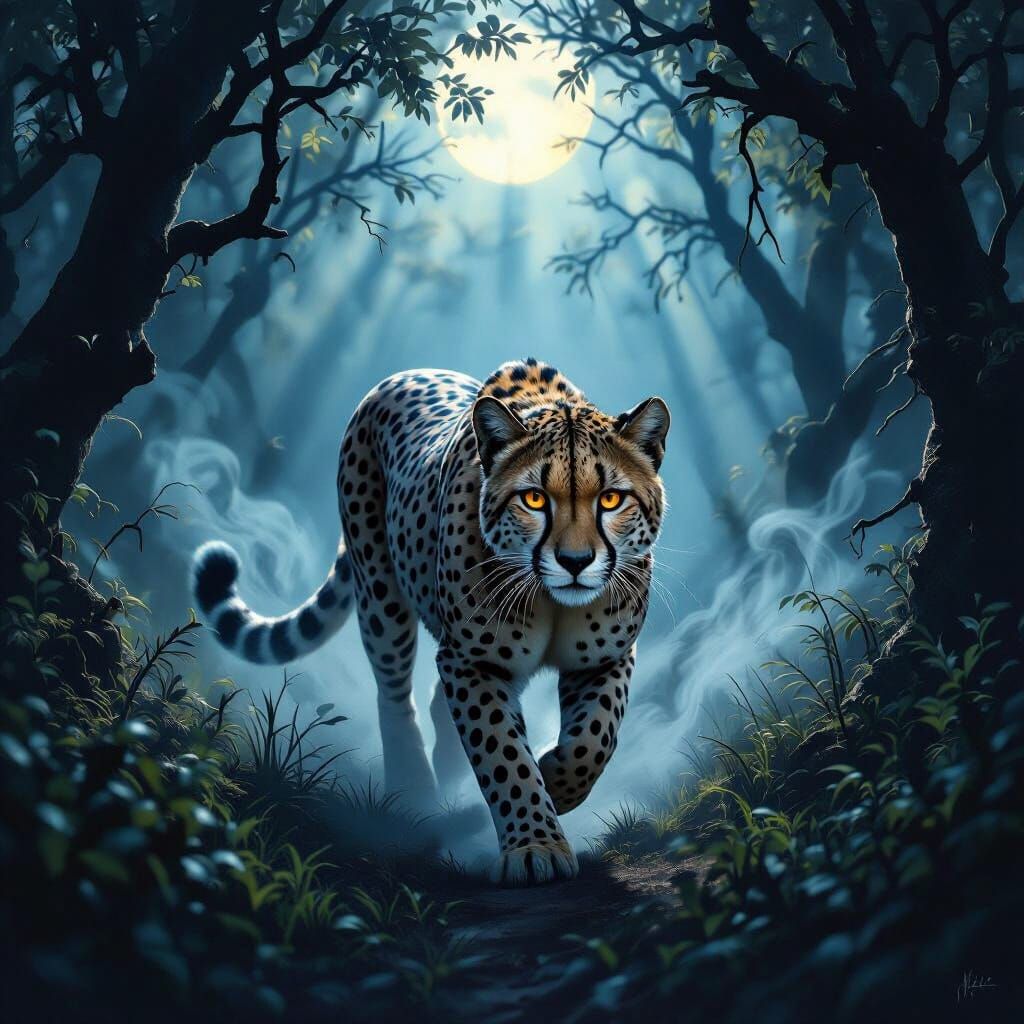 Cheetah-like Cat in Moonlit Forest, Hyperrealistic Digital P...