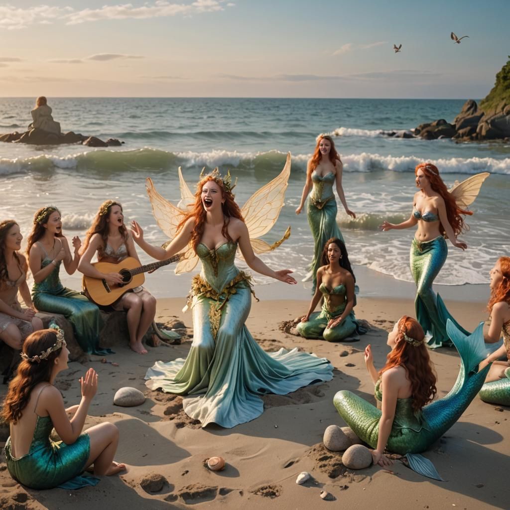 Mythical Fairy Serenades Mermaids on a Beach