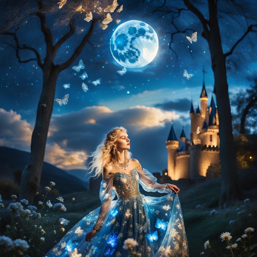 Blonde Woman in Glass Dress Under Moonlit Sky
