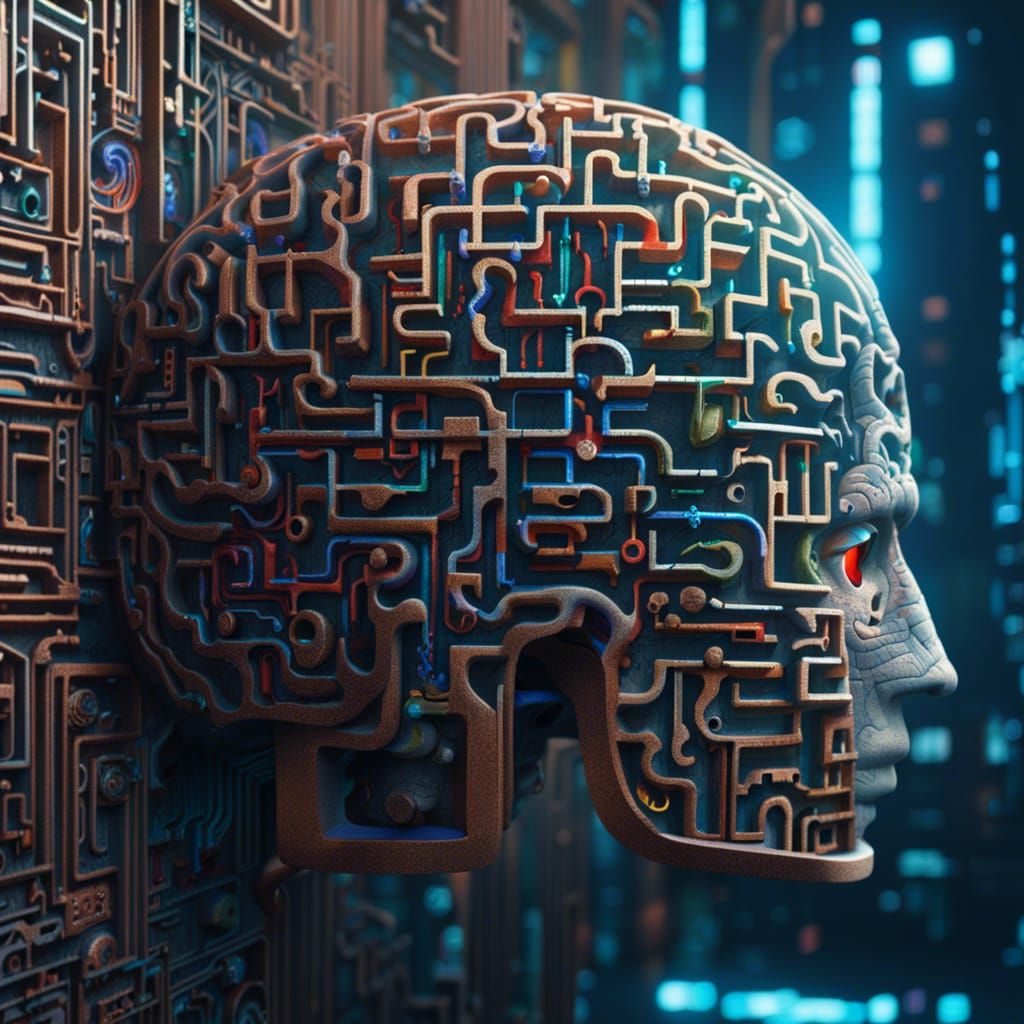 Cyberpunk Human Brain Maze with Mystical Symbols