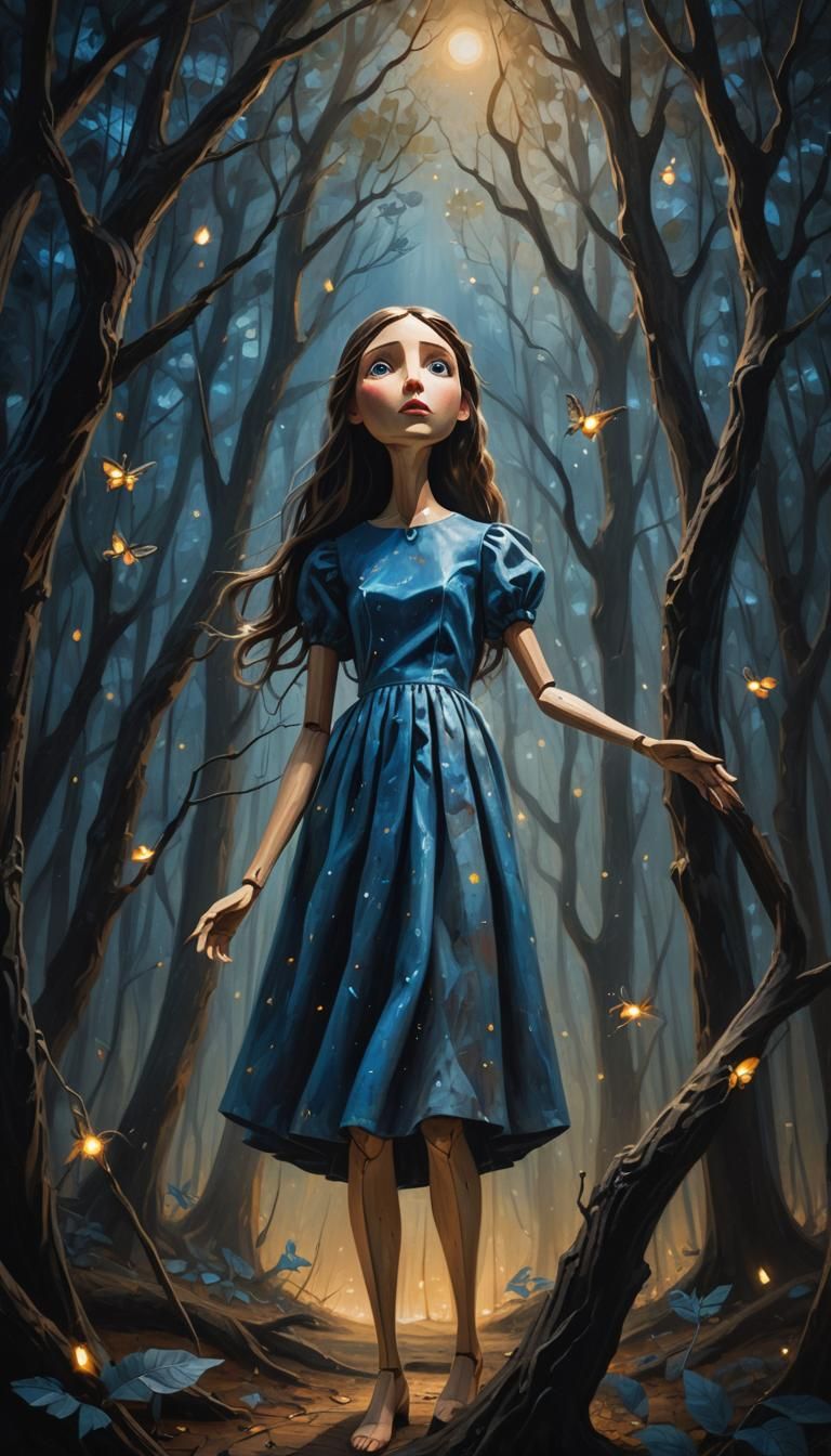 Mystical Wooden Puppet in a Dark Forest