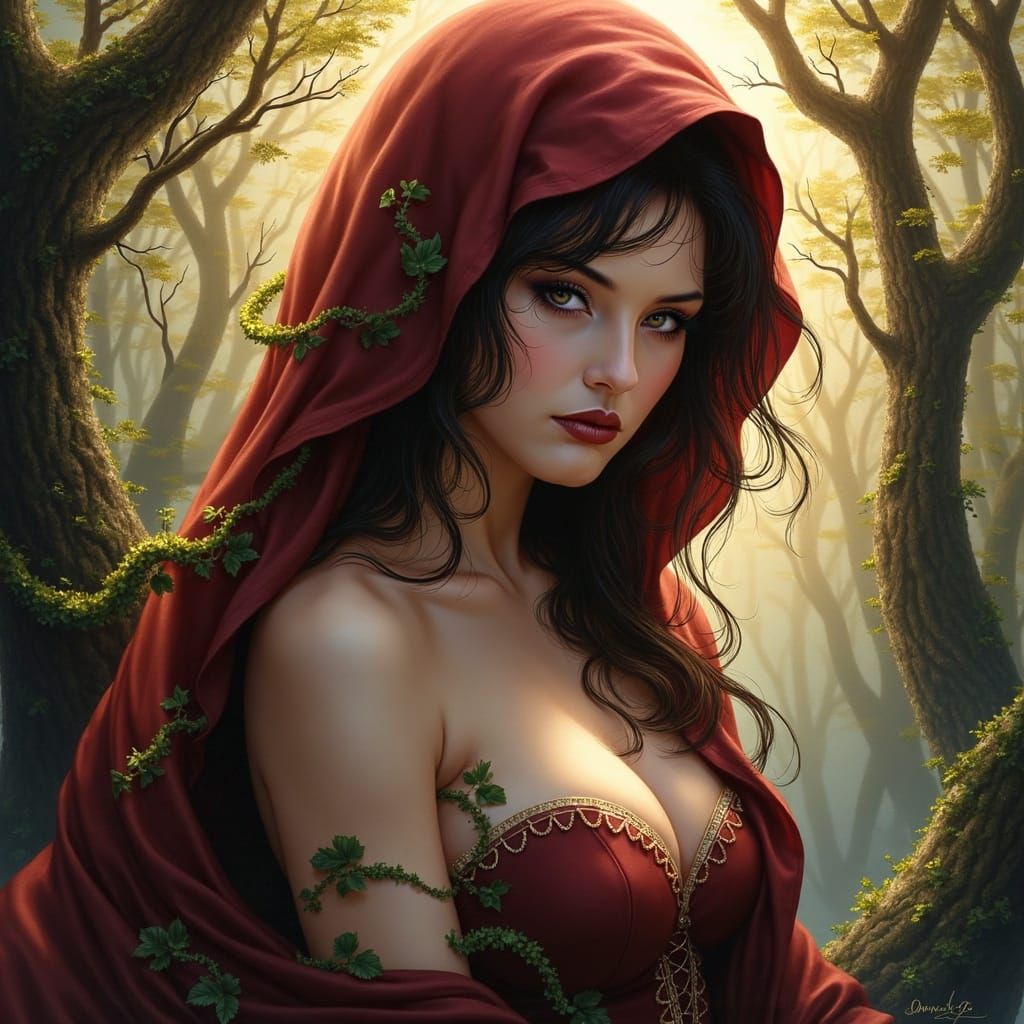 Serene Goddess in Burgundy Cloak, Enveloped by Ivy and Golde...