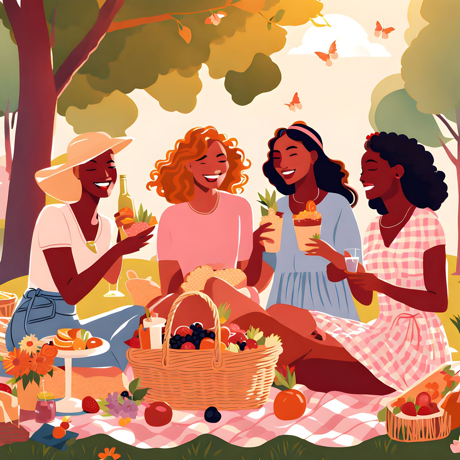 Vibrant Summer Scene of Women Picnicking in a Park