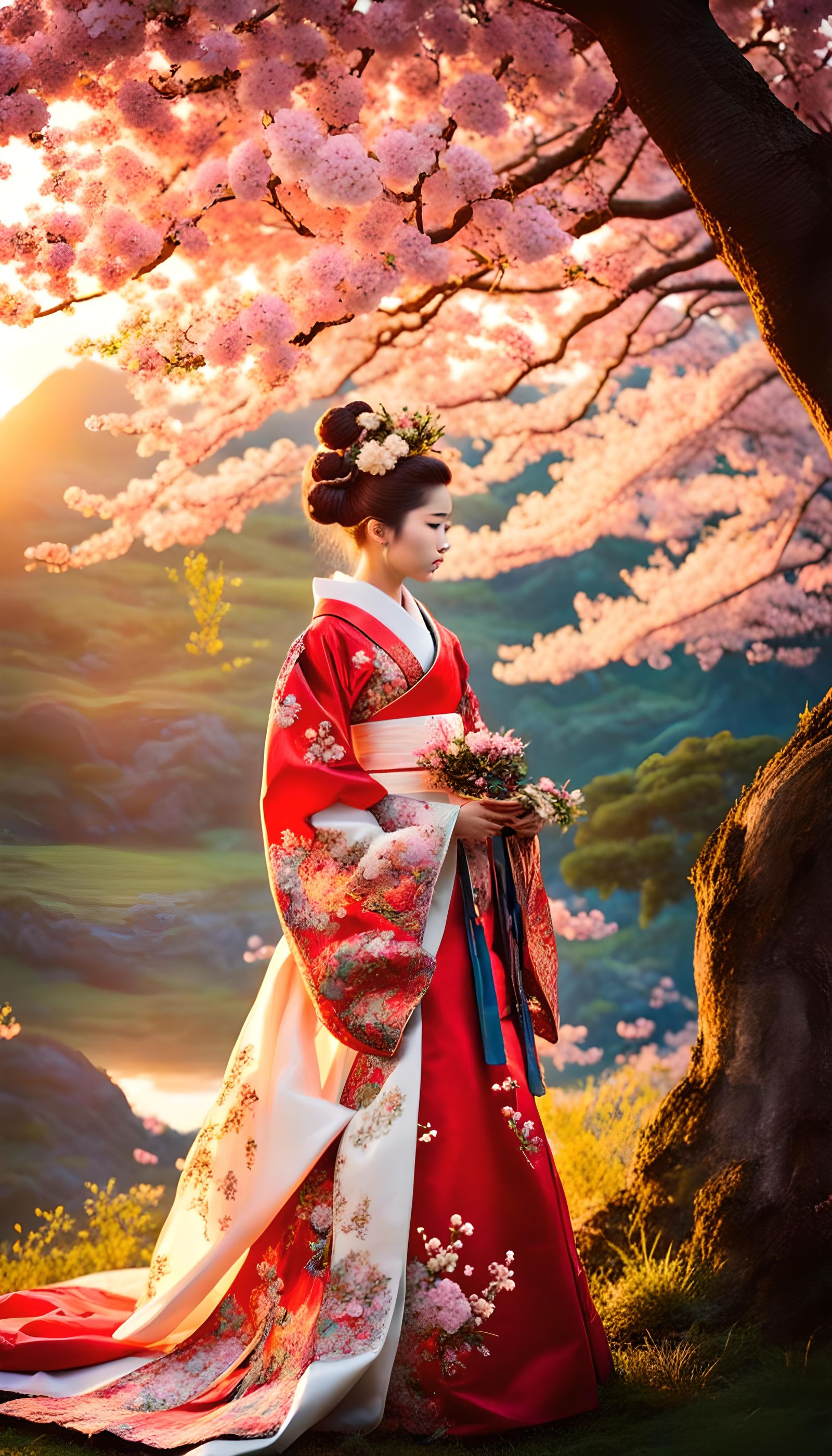 Japanese Bride in Cherry Blossom Fantasy Painting