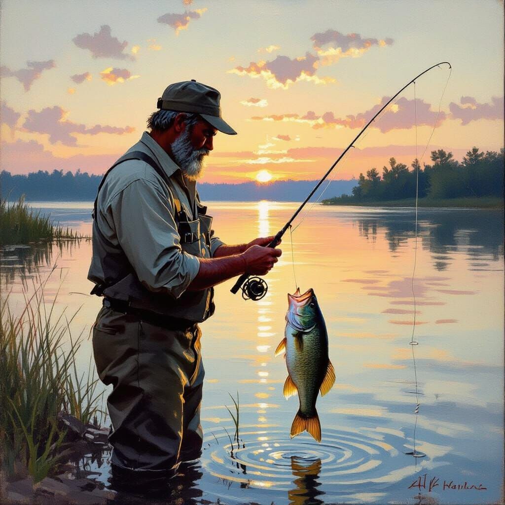 Man Catches Large Bass at Sunrise Lake