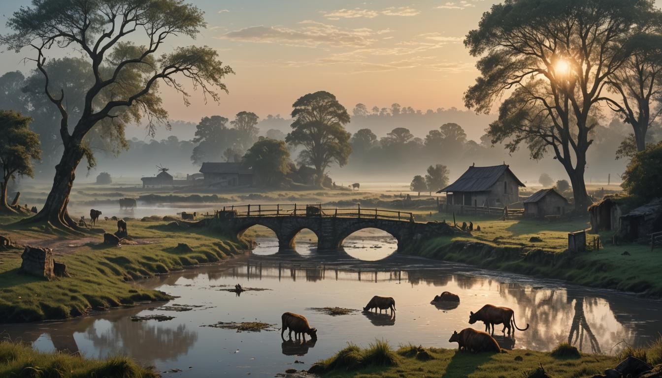Farm at Sunrise with Monkeys, Digital Matte Painting