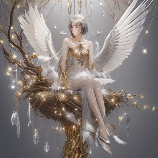 Winged Humanoids Perched in Crystalline Tree