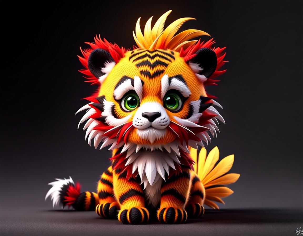Knitted Red Baby Tiger with Feathers, Digital Art