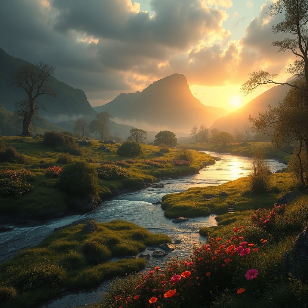 Mystical Scottish Landscape with River and Wildflowers in Go...