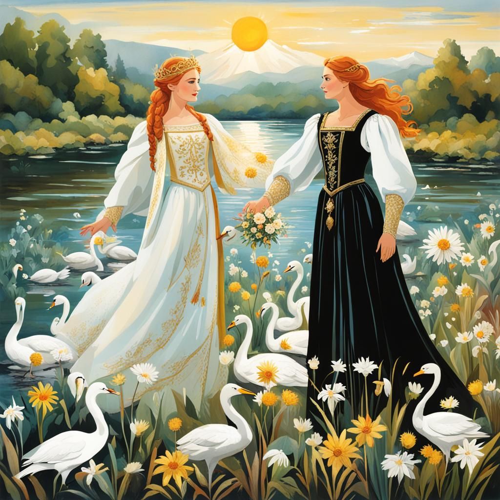 Elsa and Ortrud in Lohengrin Scene with Swans