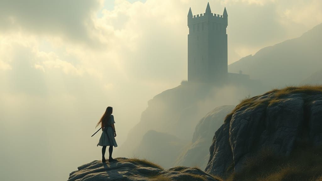 Ethereal Woman Gazing at Tower in Unreal Engine 5