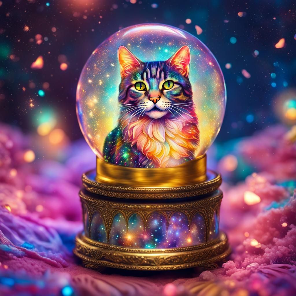 Tulip Cat Snow Globe in Cosmic Style