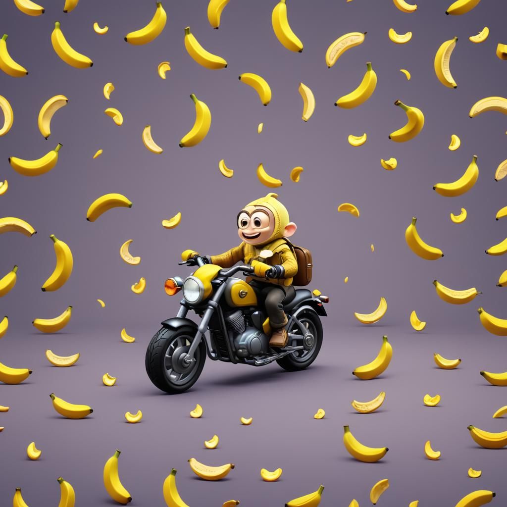 Chibi Banana Rides Motorcycle: 3D Digital Art