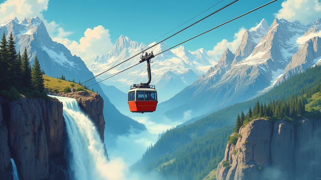 Vintage Swiss Cable Car Above Alpine Waterfall