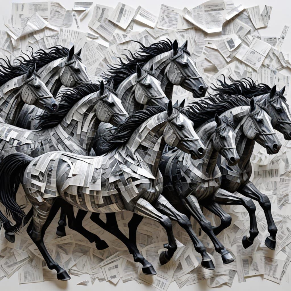 Majestic Newspaper Horses Gallop in Hyperdetailed Black and ...