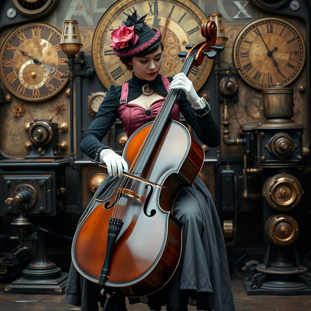 Steampunk Cello Player in Syd Mead Inspired Style