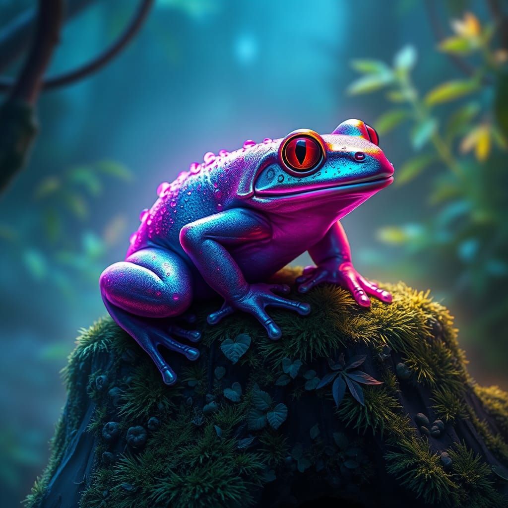 Iridescent Frog in Mystical Bioluminescent Landscape