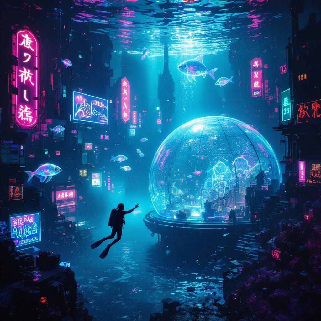 Submerged Neon City with Light Creatures and Diver