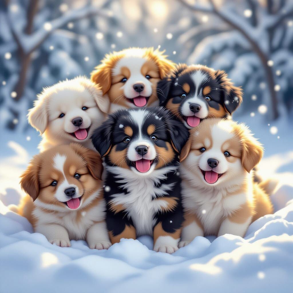 Adorable Puppies Smiling in Snow, Concept Art Style