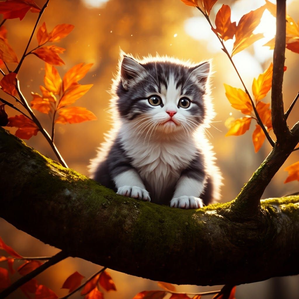 Cute Kitten in Autumn Tree, Digital Art Masterpiece