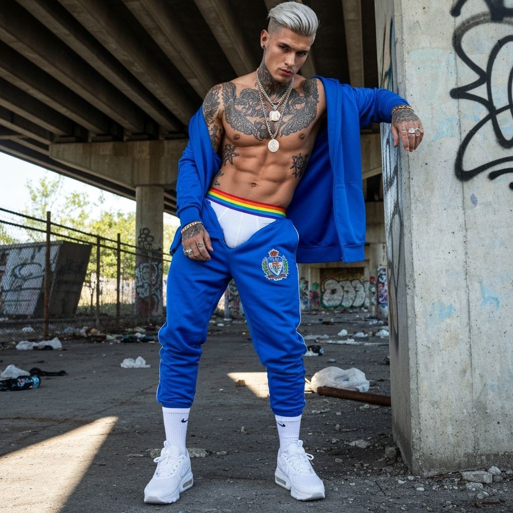 Tattooed Model in Blue Tracksuit Under Urban Overpass