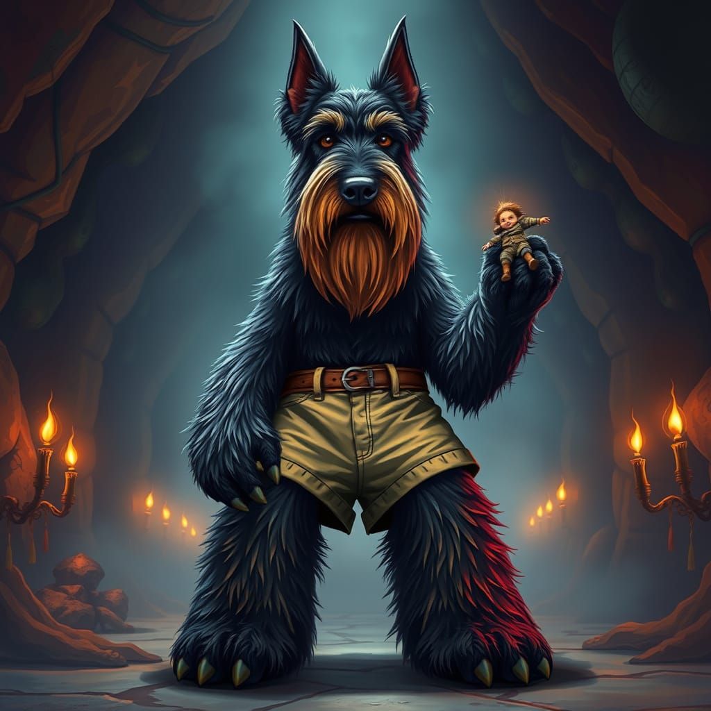 a giant schnauzer with huge hairy feet and hands is wearing ...