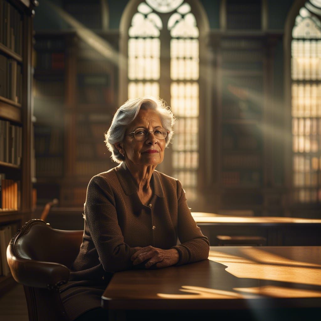 Woman in Library with Sunlight, Hyperdetailed Portrait