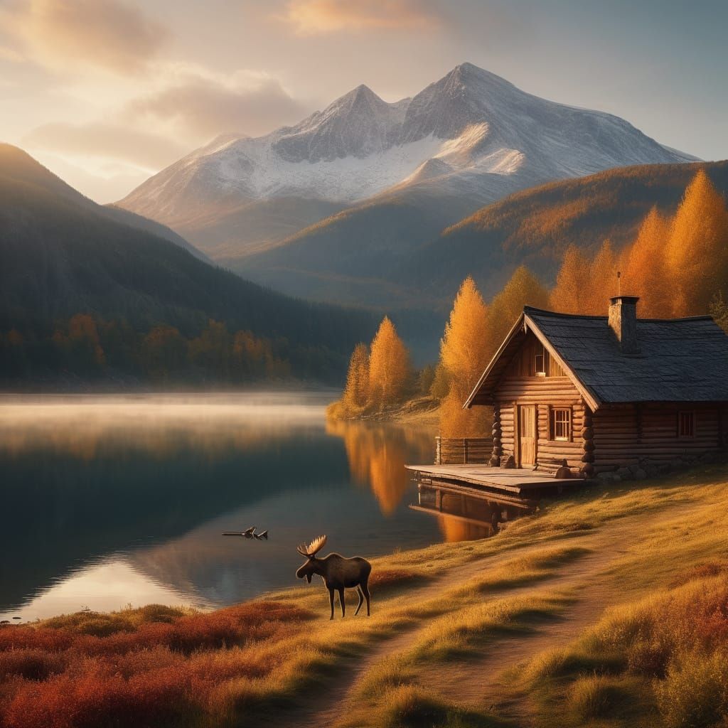 Serene Autumn Landscape with Cozy Cabin and Majestic Moose